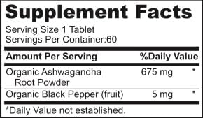 Organic Ashwagandha, 675 Mg, 60 Tablets, Stress Relief, Positive Mood, Improved Concentration and Focus, Relaxation