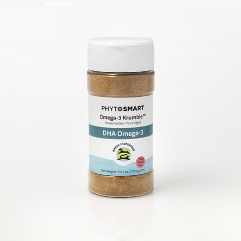 Omega-3 Krumble DHA for Pets, in 100 Gram Shaker Top Jar. Pure Un-extracted Marine Micro-Algae Provides Pets Complete Whole Food derived Essential Fatty Acids for Total Body Support.