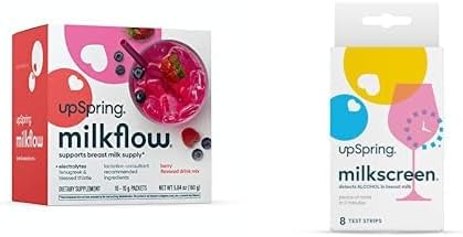 UpSpring Milkflow Electrolyte Breastfeeding Supplement Drink Mix with Fenugreek | Berry Flavor+Milkscreen Test Strips to Detect Alcohol in Breast Milk, 8 Test Strips