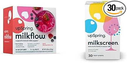 UpSpring Milkflow Electrolyte Breastfeeding Supplement Drink Mix with Fenugreek | Berry Flavor+Milkscreen Test Strips to Detect Alcohol in Breast Milk, 30 Test Strips