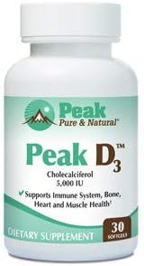 Peak Pure & Natural Peak D3 - Calciferol Vitamin D3 5,000 IU - Immune Support - Support Heart Health - Boost Energy - Daily Vitamin for Adults | 30 Capsules