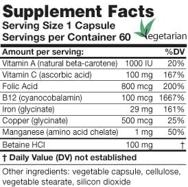 Iron Plus | 60 Vegetarian Capsules | Iron (glycinate) 29mg, Vitamin A, B12, C, folic Acid, Copper, Manganese, Betaine HCI 100mg