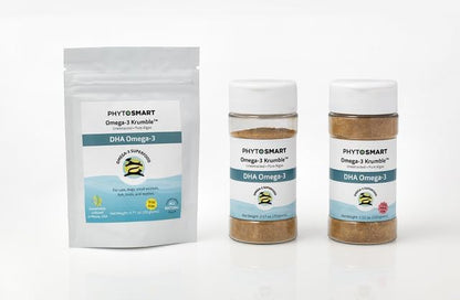 Omega-3 Krumble DHA for Pets, in 100 Gram Shaker Top Jar. Pure Un-extracted Marine Micro-Algae Provides Pets Complete Whole Food derived Essential Fatty Acids for Total Body Support.