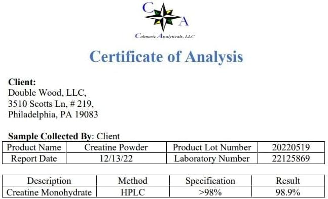 Creatine Monohydrate Powder 1.1lbs (100 Servings of 5 Grams Each - Third Party Tested Micronized Creatine Powder) (with Scoop)(Creatina Monohidratada) by Double Wood