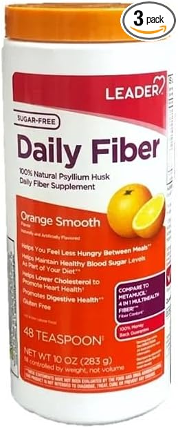 LEADER Psyllium Husk Powder Supplement 4-in-1 Fiber for Digestive Health, Plant Based 100% Natural Psyllium Husk Daily Fiber, Gluten Free, Non-GMO, Compare to Metamucil 13 OZ (Pack of 3)