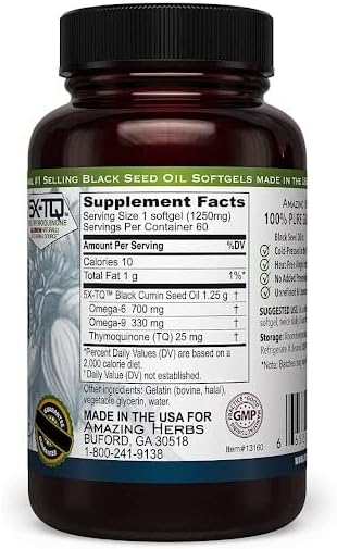 Amazing Herbs Premium Black Seed Oil Capsules - High Potency, Cold Pressed Nigella Sativa Aids in Digestive Health, Immune Support & Brain Function - 60 Count, 1250mg