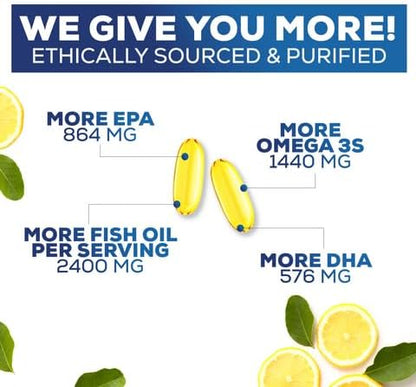 Omega 3 Fish Oil 2400 mg - Triple Strength Omega3, EPA & DHA Fatty Acids Supplement - Natural Support for Immune, Heart & Brain Health - Wild Caught, Non-GMO, Lemon Flavor, Burpless - 120 Softgels