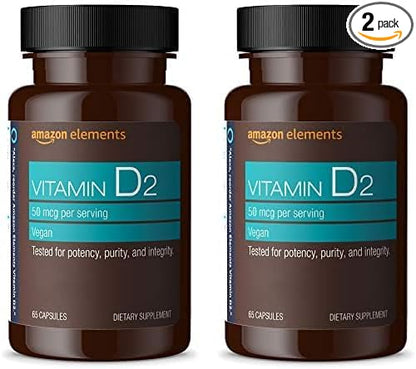 Amazon Elements Vitamin D2 2000 IU, Vegan, 65 Capsules, Supports Strong Bones and Immune Health, 2 Month Supply (Packaging May Vary) (Pack of 2)