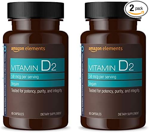 Amazon Elements Vitamin D2 2000 IU, Vegan, 65 Capsules, Supports Strong Bones and Immune Health, 2 Month Supply (Packaging May Vary) (Pack of 2)