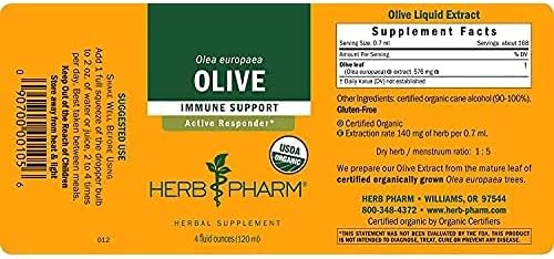 Herb Pharm Certified Organic Olive Leaf Liquid Extract for Immune System Support, 4 Fl Oz