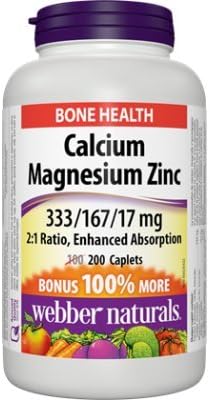 Webber Naturals Calcium Magnesium Zinc, Enhanced Absorption, 333/167/17 mg, Bonus 200 caplets