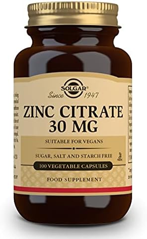 Solgar Zinc Citrate 30 Mg, 100 Vegetable Capsules - Zinc for Healthy Skin, Immune Support 100 Servings, 100 Count