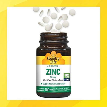 Country Life Chelated Zinc 50 mg - Certified Gluten-Free & Vegan Immune Support Supplement, Enhances Zinc Absorption, Supports Body’s Protein Production & Cellular Health, 100 Vegetarian Tablets