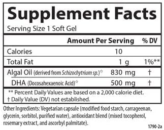 Carlson - Vegetarian DHA, 500 mg DHA, Plant Based, Sustainably Sourced from Algae, Brain Support, Mood Health, 30 Softgels