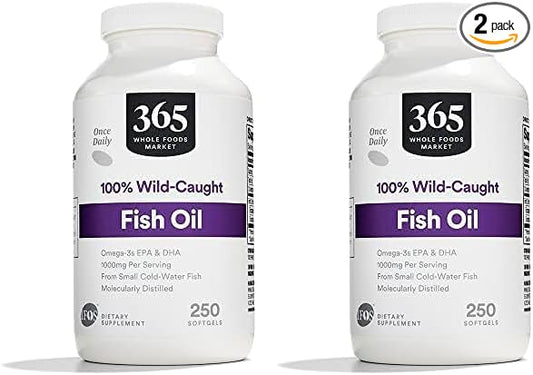 365 by Whole Foods Market, Fish Oil 1000 Mg Softgels, 250 Count (Pack of 2)