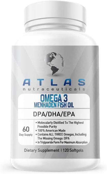 Atlas Nutraceuticals-Atlantic Caught Menhaden Fish Oil-Lab Tested-Omega 3-2400mg, Burpless, Made in The USA, DPA/DHA/EPA-120 Softgels