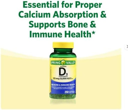 Vitamin D3 5000iu, 125 mcg per Softgel, Healthy Muscle Function, and Immune Support, Non-GMO, Gluten Free and Dairy Free Vitamin D Supplement, 250 Count