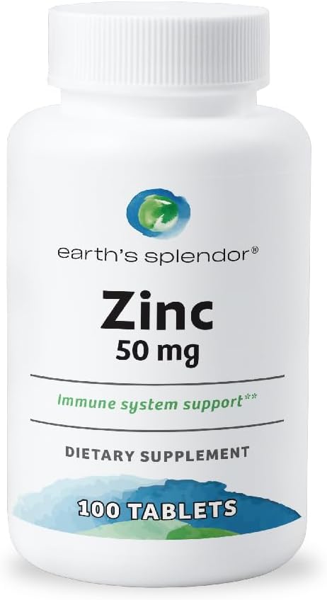 Earth's Splendor Immune Support Dietary Supplements, with Zinc 50mg, Helps Maintain Skin Health, Wheat Free, No Artificial Color or Flavor, Mineral Supplements for Men & Women (100 Tablets)