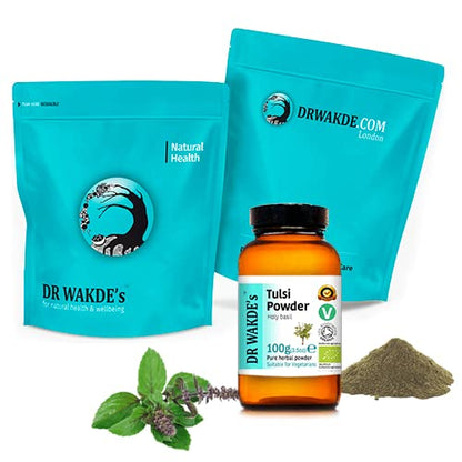 DR WAKDE'S Tulsi Powder (Holy basil | Ocimum sanctum) - 100g (3.5oz) | Pure, Raw & Dried Powder | Natural Aroma and Freshness | Fine Powder | Vegan | Premium Grade | Nothing Added, Nothing Removed