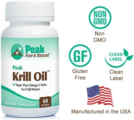 Peak Pure & Natural, Peak Krill Oil Supplement - Better Than Fish Oil for Joint and Heart Health - Krill Oil Brain Supplement - EPA, DHA, and Astaxanthin - 60 softgels