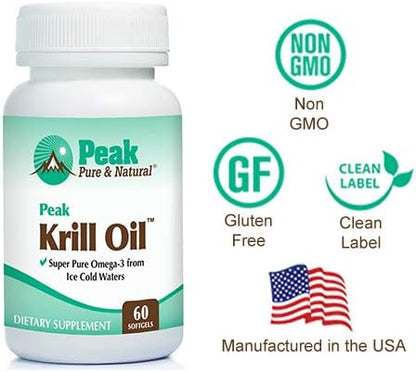 Peak Pure & Natural, Peak Krill Oil Supplement - Better Than Fish Oil for Joint and Heart Health - Krill Oil Brain Supplement - EPA, DHA, and Astaxanthin - 60 softgels