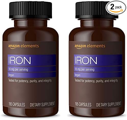 Amazon Elements Iron 18mg Capsules, Supports Red Blood Cell Production, Vegan, 195 Count, 6 Month Supply (Packaging May Vary) (Pack of 2)