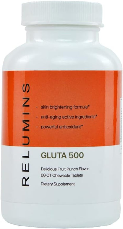 Relumins Gluta 500 - Chewable/Sublime Wall Glutathione Complex with Advanced Skin Nutrition - Hyaluronic Acid, VIT C, Biotin Plus 4 Powerful Actives - Fruit Punch Flavored - 60CT