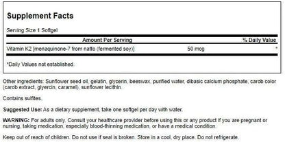Swanson Natural Vitamin K2 (Menaquinone-7 from Natto) 50 mcg 30 Sgels