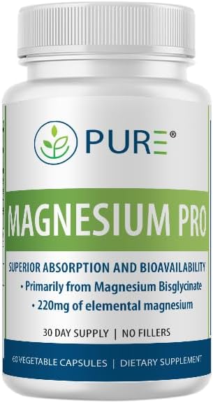 PURE Magnesium Pro 220mg Bisglycinate, 60 Capsules, 30-Day Supply, Vitamin B6, BioPerine, Relaxation & Bone Health Supplement