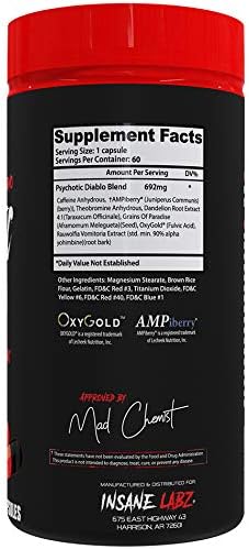 Insane Labz Psychotic Diablo Thermogenic Fat Burner for Men and Women with Grains of Paradise Theobromine Dandelion Root Extract Fueled by AMPiberry, Appetite Suppressant - 60 Servings