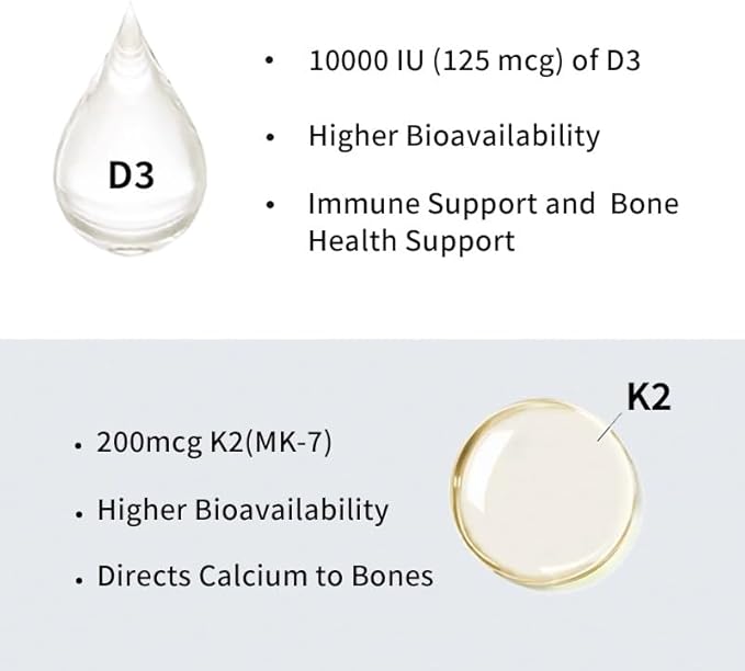 d3 k2 Vitamin 10000 iu, 180 Coconut Oil Softgels | 2 in 1 Vitamins Supplement D3 10000 IU & K2 (MK7) 200 mcg, Easy to Swallow, Supports Calcium Absorption, Bone Immune, & Heart Health