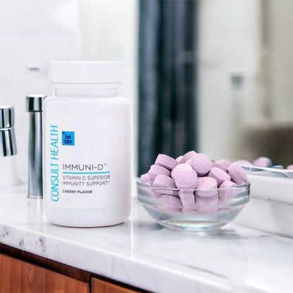 Consult Health IMMUNI-D Vitamin D Superior Immunity Support Chewable Tablets Cherry Flavor – Zinc – Elderberry Fruit -Dietary Support - 90 Count (1 Pack)