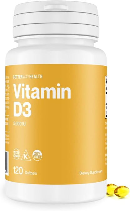 Better Way Health™ - High Potency Vitamin D3 Supplement - Immune & Bone Health Support - Non-GMO & Dairy-Free - 5,000 IU/120 Softgels