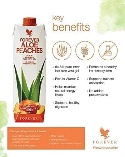 Forever Living - Aloe Peaches, Pure Aloe with Real Peach Flavor, Supports Digestion and Immune System, Vegan and Gluten-Free, 33.8 fl oz, 1 Pack