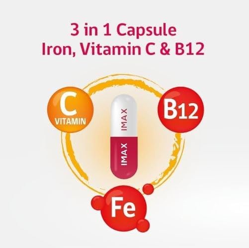 IMAX 150 mg Iron Supplement, 250 mg VIT C, 1000 mcg VIT B12, 30 Capsules, Treatment for Iron Deficiency Anemia, Once Daily Dosing
