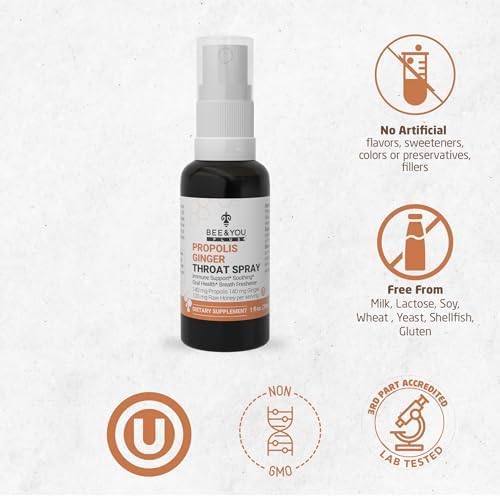 Bee and You Propolis Ginger Raw Honey Soothing Throat Spray, Ultra Pure, Immune Support Supplement, Oral Health, Antioxidants, Keto, Paleo, Gluten-Free, 1 Fl Oz