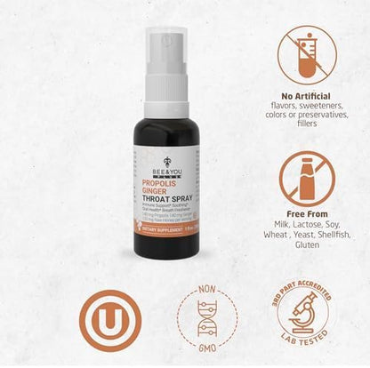 Bee and You Propolis Ginger Raw Honey Soothing Throat Spray, Ultra Pure, Immune Support Supplement, Oral Health, Antioxidants, Keto, Paleo, Gluten-Free, 1 Fl Oz