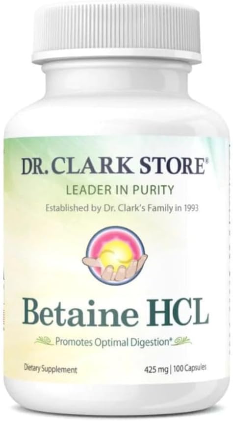 Dr. Clark Betaine HCL Digestive Enzymes - Acid Reflux Medicine, Hydrochloric Acid Protein Supplement, Optimal Digestion Formula, 100 Gelatin Capsules, 425 mg