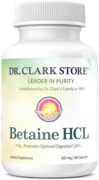 Dr. Clark Betaine HCL Digestive Enzymes - Acid Reflux Medicine, Hydrochloric Acid Protein Supplement, Optimal Digestion Formula, 100 Gelatin Capsules, 425 mg