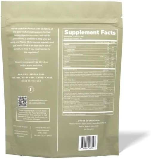 Natural Greens Supplements Superfood Powder Drink by Rookie Wellness, Gut Support Digestive Enzyme, Improve Mood, Immune Support, Crisp Apple (30 Serving Bags)