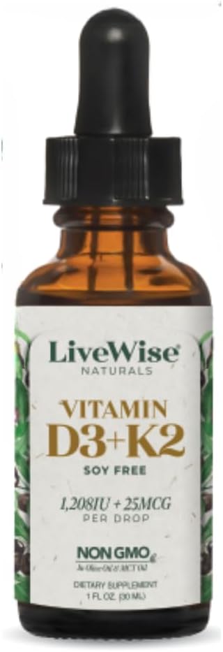 Vitamin D3 with K2 Liquid Drops, All Natural, Non-GMO, 1208iu D3 and 25mcg K2 (mk7) per Serving, Support Your Bones, Immune System and Energy Levels, with or Without Peppermint Oil