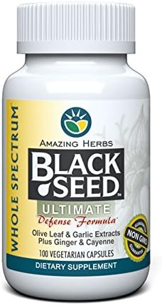 Amazing Herbs Whole Spectrum Black Seed Ultimate, Vegetarian Capsules - Olive Leaf & Garlic Extracts Plus Ginger & Cayenne, Gluten Free, Non GMO, Vegan - 100 Count
