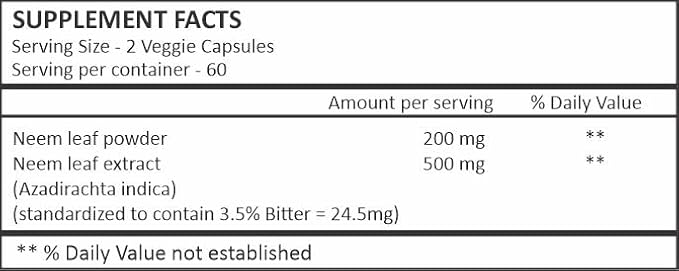 HERBAL HILLS Neem Capsules 120 Vegie Capsules Neem Leaf Azadirachta Indica 700 mg Powder and Extract Blend in a Capsule
