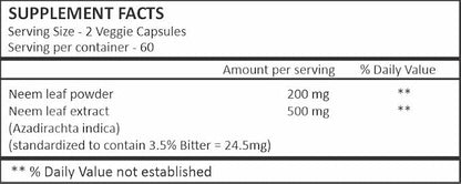 HERBAL HILLS Neem Capsules 120 Vegie Capsules Neem Leaf Azadirachta Indica 700 mg Powder and Extract Blend in a Capsule
