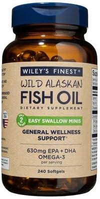 Wiley's Finest Wild Alaskan Fish Oil Easy Swallow Minis - Omega-3 Fish Oil Supplement for Adults and Kids - Double-Strength 630mg EPA and DHA Natural Supplement - 240 Mini Softgels (120 Servings)