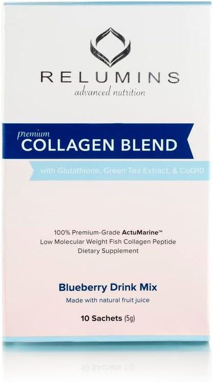 Relumins Marine Collagen Powder Drink Mix - Collagen Peptide with Glutathione, Green Tea, CoQ10, & Hyaluronic Acid Boosts Smooth Glowing Skin - 10 Powder Sachets x Blueberry Flavored