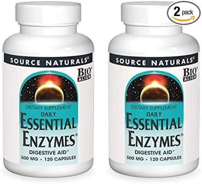 Source Naturals Essential Enzymes 500mg Bio-Aligned Multiple Supplement Herbal Defense for Digestion, Gas & Constipation Relief - Strong Immune System Support - 120 Capsules (Pack of 2)