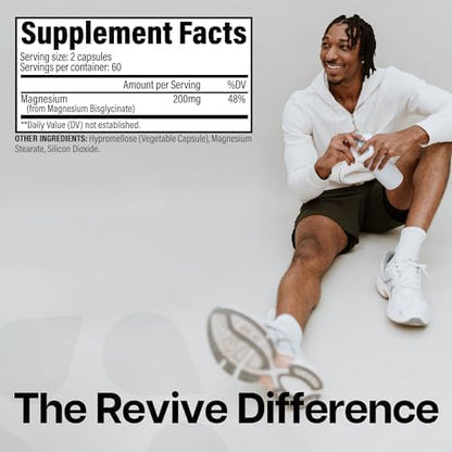 Revive MD Pure Magnesium Glycinate Capsules 200mg High Absorption Supplement for Relaxation & Stress Relief - Organic Memory & Sleep Support Pills for Strong Bones, Normal Nerve & Muscle Function