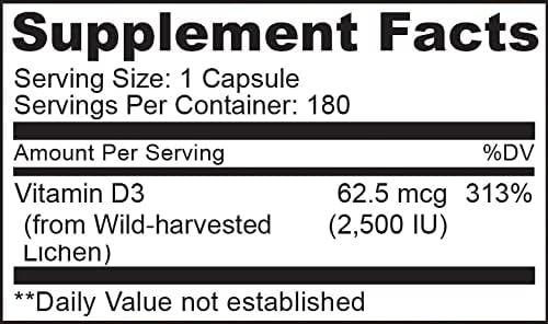 NATURELO Vitamin D - 2500 IU - Plant Based from Lichen - Natural D3 Supplement for Immune System, Bone Support, Joint Health - Vegan - Non-GMO - Gluten Free - 180 Capsules (Pack of 2)