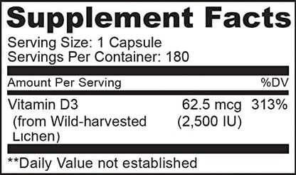 NATURELO Vitamin D - 2500 IU - Plant Based from Lichen - Natural D3 Supplement for Immune System, Bone Support, Joint Health - Vegan - Non-GMO - Gluten Free - 180 Capsules (Pack of 2)